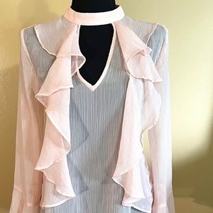 Sheer soft Pink keyhole ruffle blouse